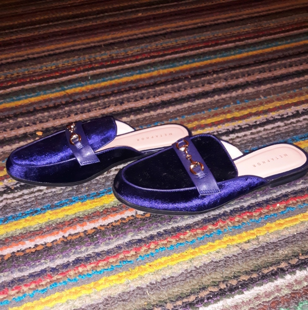 Navy blue suede loafer slides